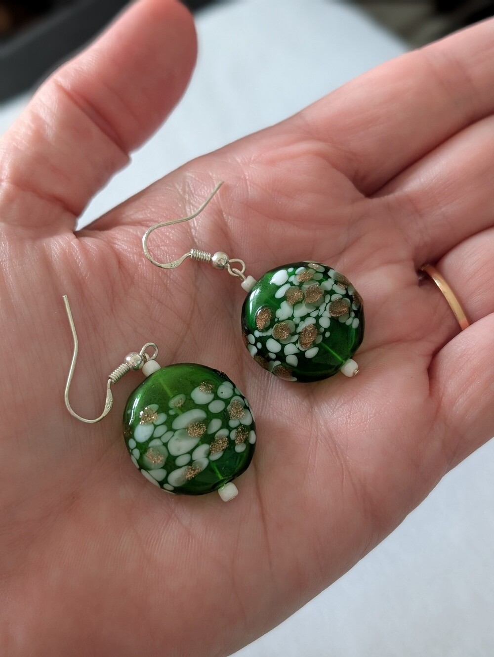 Handmade Green Glass Bead Earrings • 925 Sterling Silver Hooks